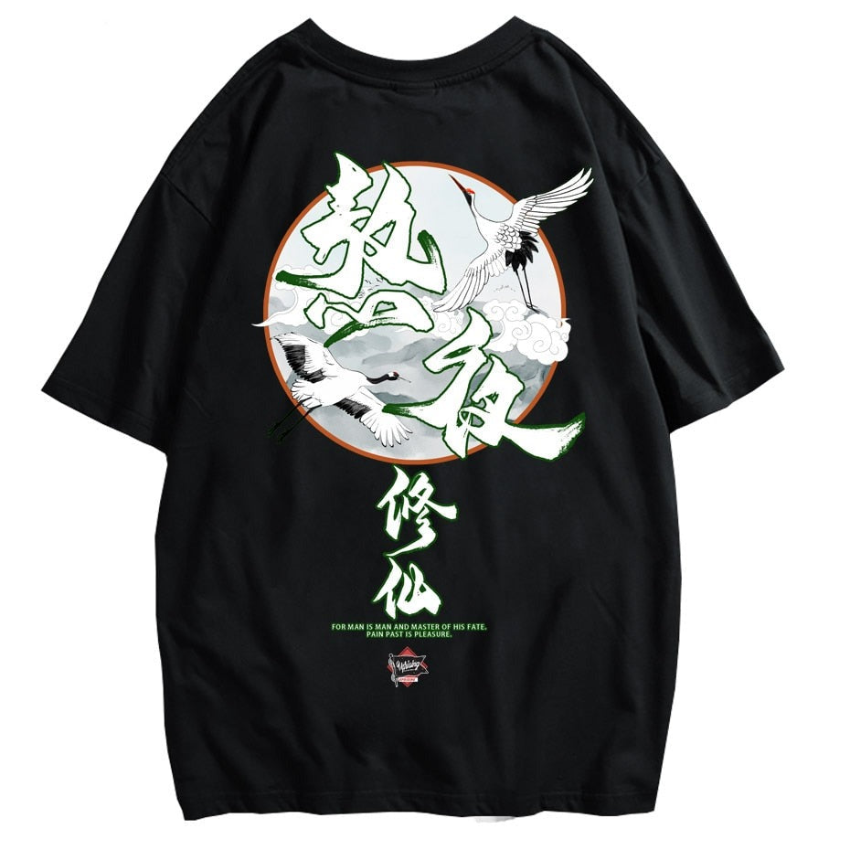 Hip Hop T Shirt Men Streetwear Harajuku Flying Crane City Print Tshirt Short Sleeve Cotton Casual T-Shirt Black New Fashion