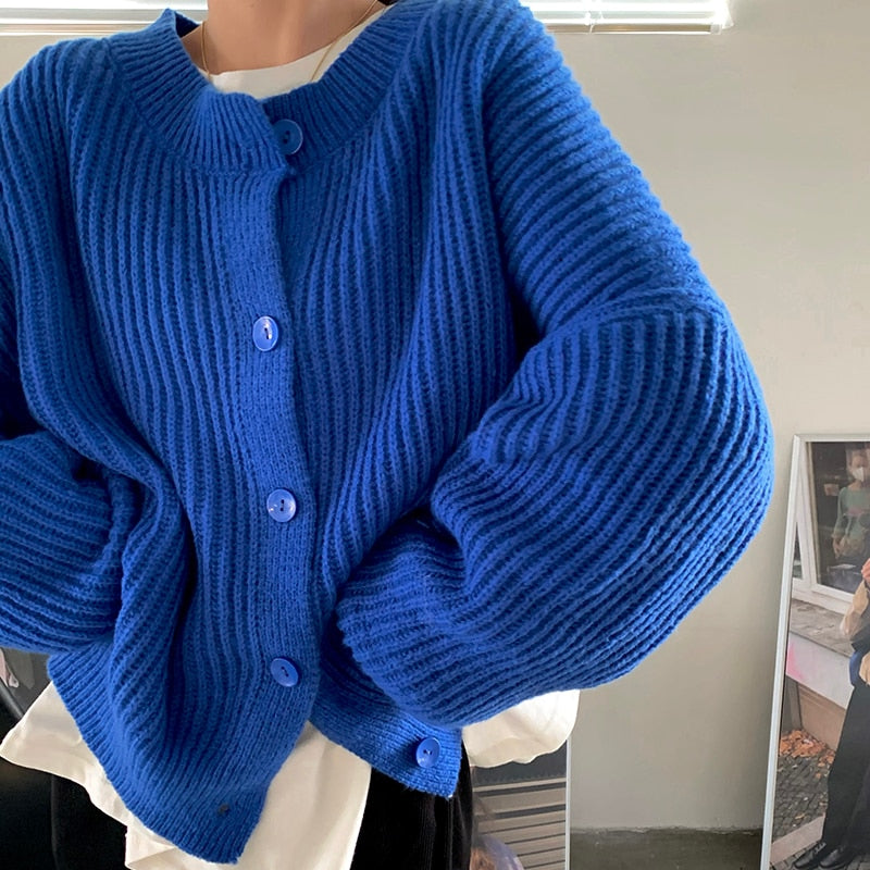Loose Women Cardigan Sweater Designed Casual O Neck Blue Jumper Winter Thick Loose Female Knitted Coats Oversize Tops