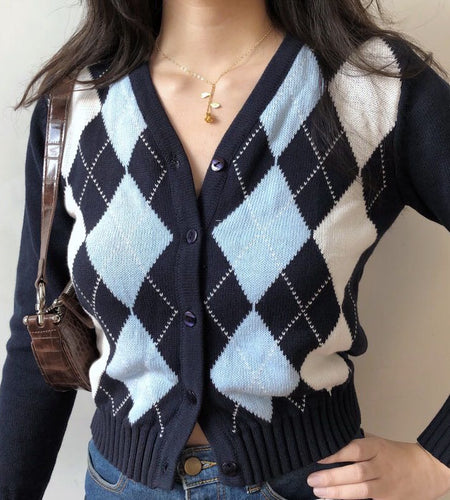 Black Argyle Women Cardigan Sweater Fashion Button V Neck Long Sleeve Knitted Plaid Sweater Street Wear Female Thin Jacket