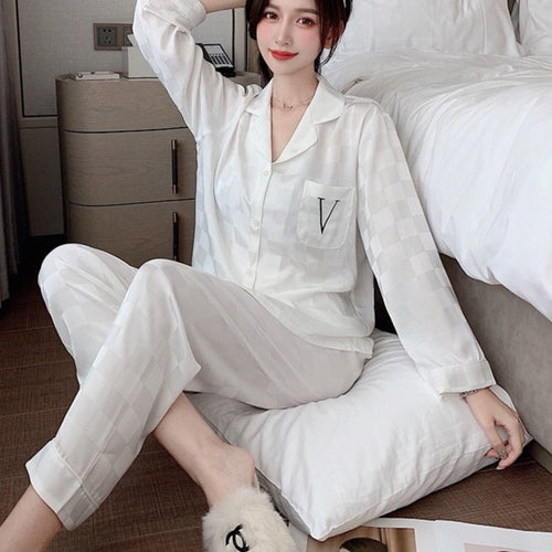 Load image into Gallery viewer, Women&#39;s Pajamas Fashion Luxury Letter Jacquard Lattice Sleepwear Silk Like Nightwear V-neck Homewear Pyjamas Femme
