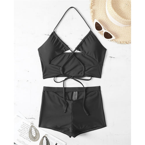 Load image into Gallery viewer, Halter Shorts High Waist Bikini Female Swimsuit Women Swimwear Two-pieces Bikini set Cut Out Bather Bathing Suit Swim Lady V3325
