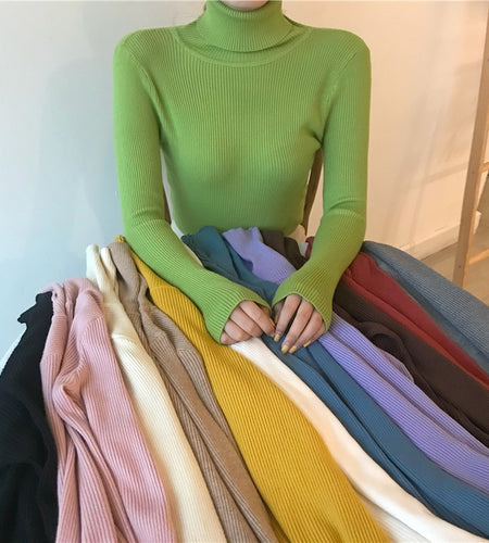 Turtleneck Women Sweater Autumn Soft Long Sleeve Pullover Knitted Jumper Winter Korean Slim Girl Blouse Solid Casual Tops