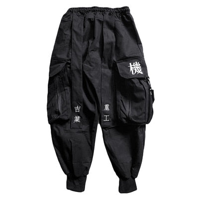 Hip Hop Cargo Pants Men Embroidery Joggers Trousers Elastic Waist Rock Ribbon Streetwear Pant Male Black WX004