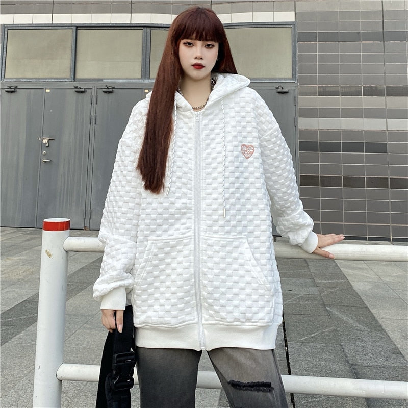 Loose Women Hoodies Autumn New  Pockets White Oversize Coats Harajuku Fashion Zipper Fall Streetwear Sweatshirt Tops