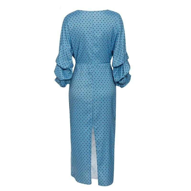 Elegant Polka Dot V-neck Lantern Sleeve Vintage High Waist Midi Dress