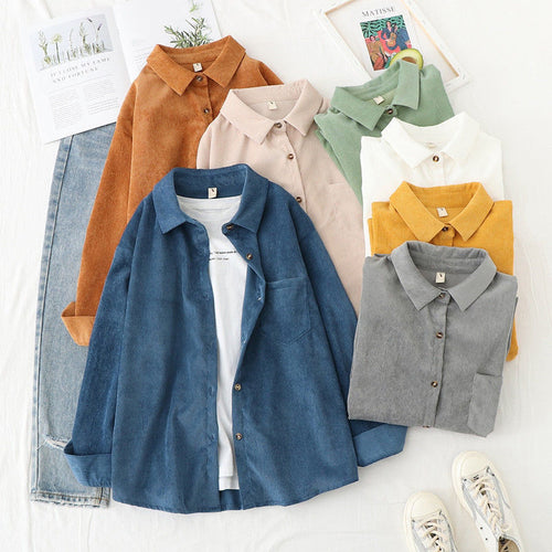 Load image into Gallery viewer, Corduroy Women Shirts Tunic Vintage Button Up Women Tops  New Long Sleeve Solid Loose White Turn Down Collar Shirts
