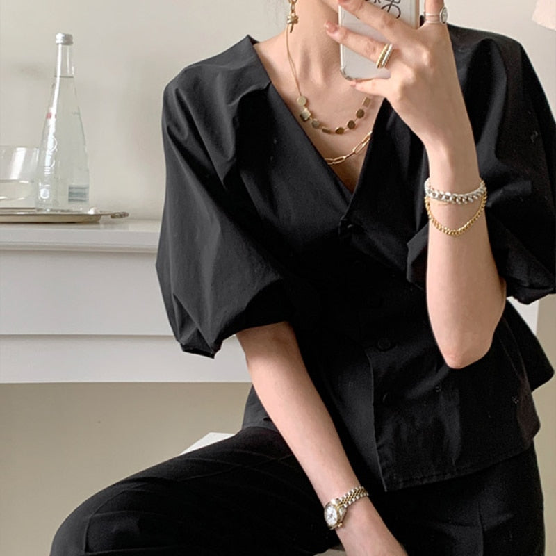 Summer Elegant Women Shirt Fashion V Neck Puff Sleeve Black White Tuxedo Shirt High Waist Button Party Ladies Blouse Tops