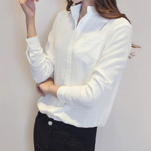 Load image into Gallery viewer, Autumn Women White Shirt Long Sleeve Fashion Stand Collar Cotton Linen Loose Female Blouse Casual Korean Solid Sweet Tops
