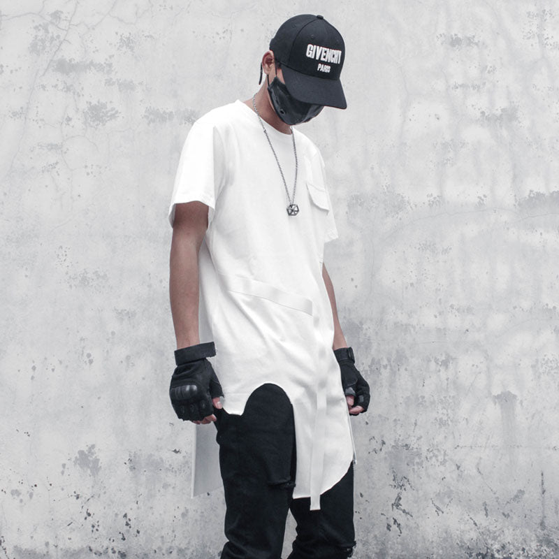 Hip Hop Dark T-Shirt Men Summer  Asymmetric Cut Mid-length Streetwear T-shirts Cotton Tops Tees WB173