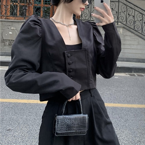 Load image into Gallery viewer, Elegant Women Shirts Autumn Fashion Square Collar Korean Puff Sleeve High Waist Crop Tops Single Breasted Female Shirt
