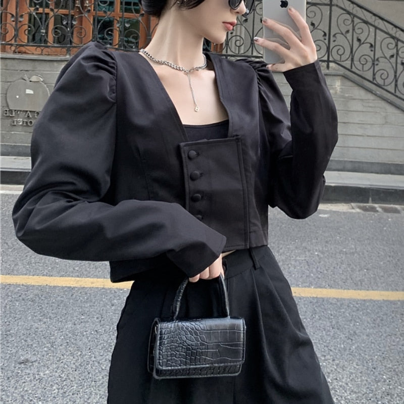 Elegant Women Shirts Autumn Fashion Square Collar Korean Puff Sleeve High Waist Crop Tops Single Breasted Female Shirt
