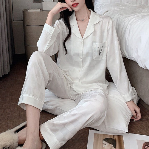 Load image into Gallery viewer, Women&#39;s Pajamas Fashion Luxury Letter Jacquard Lattice Sleepwear Silk Like Nightwear V-neck Homewear Pyjamas Femme
