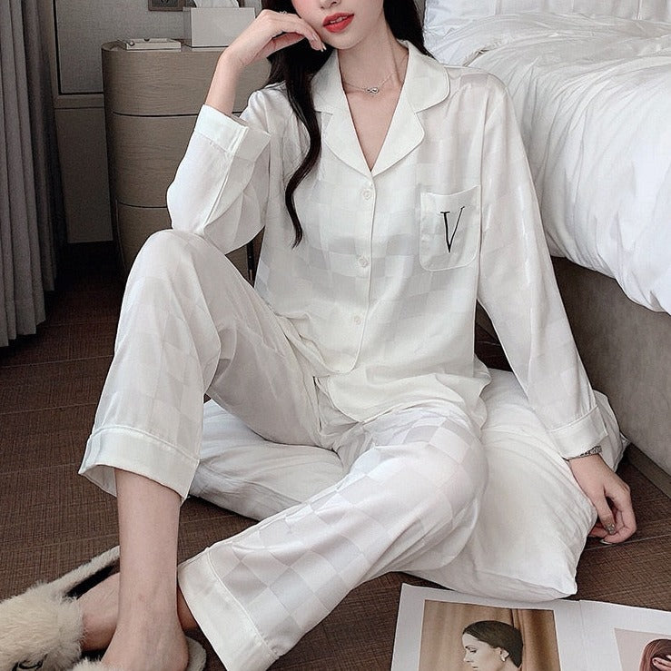 Women's Pajamas Fashion Luxury Letter Jacquard Lattice Sleepwear Silk Like Nightwear V-neck Homewear Pyjamas Femme