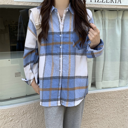 Load image into Gallery viewer, Vintage Women Plaid Shirts Designed Thick Long Sleeve Oversize Ladies Button Up Shirt Turn Down Collar Fall Female Tops
