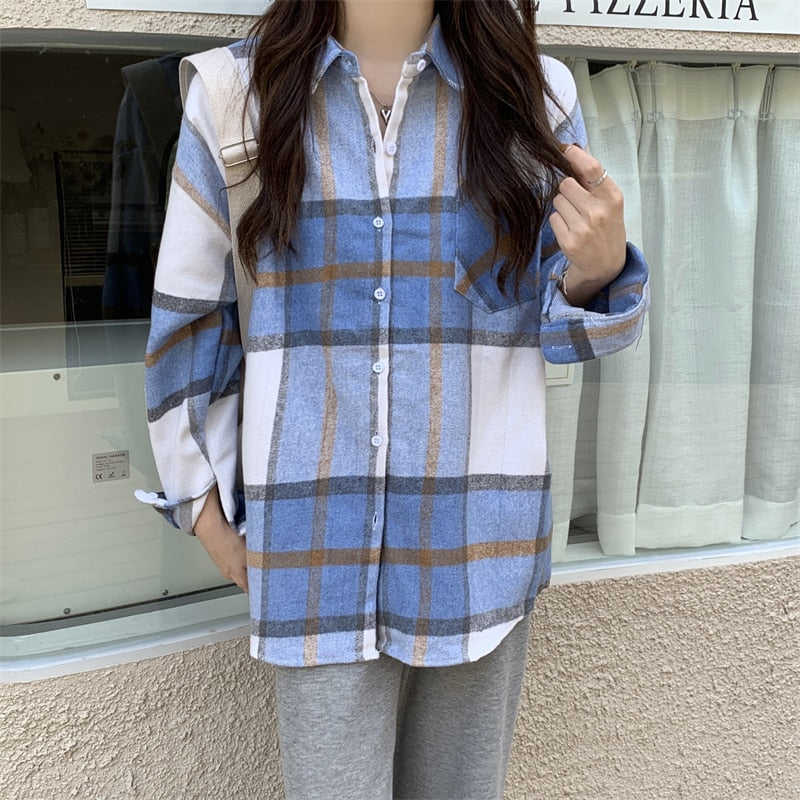Vintage Women Plaid Shirts Designed Thick Long Sleeve Oversize Ladies Button Up Shirt Turn Down Collar Fall Female Tops