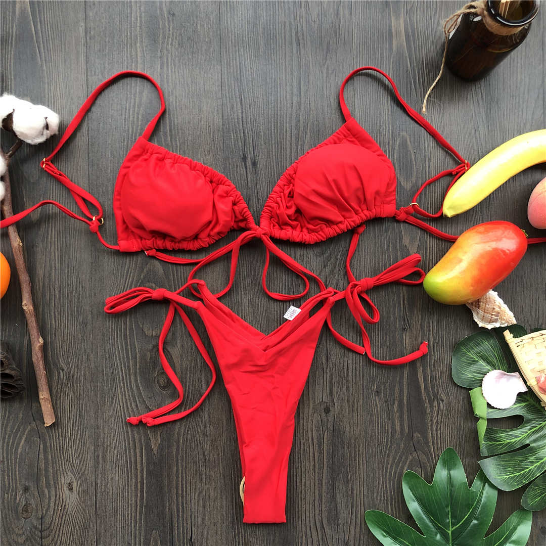 Wrinkled Lace Up Mini Thong Bikini Female Swimsuit Women Swimwear Two-Pieces Bikini set Tie Dye Bather Bathing Suit Swim V2552B