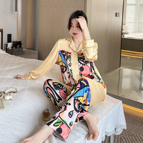 Load image into Gallery viewer, High Quality Women&#39;s Pajamas Set Abstract Art Sleepwear Silk Like Homewear V Neck Nightwear Nightgown пижама женска
