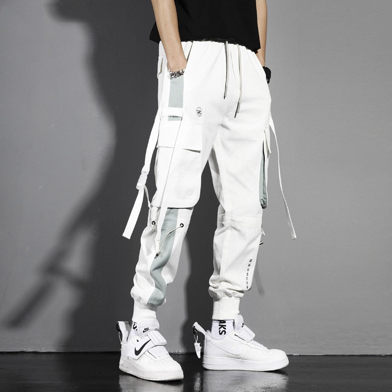 Tactical Ribbons Cargo Trousers Men Hip Hop Streetwear Elastic Waist Patchwork Pants Joggers Multi-pocket Black White WB510