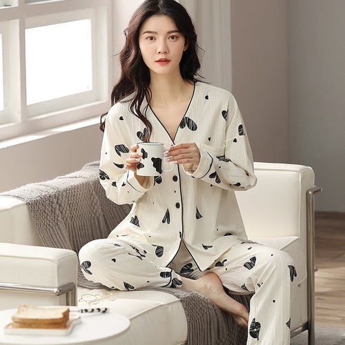 Load image into Gallery viewer, Autumn Women&#39;s Pajamas Set High Quality Pit Stripes Sleepwear V Neck Cotton Nightie Homewear Nightwear Pyjamas Femme
