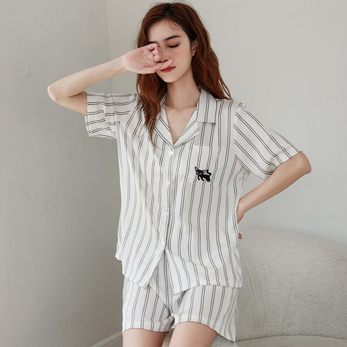 Load image into Gallery viewer, Women&#39;s Pajamas Set Luxury Fashion Stripes Sleepwear Couple Nightwear Silk Like Female Male Home Clothes Suit for Men
