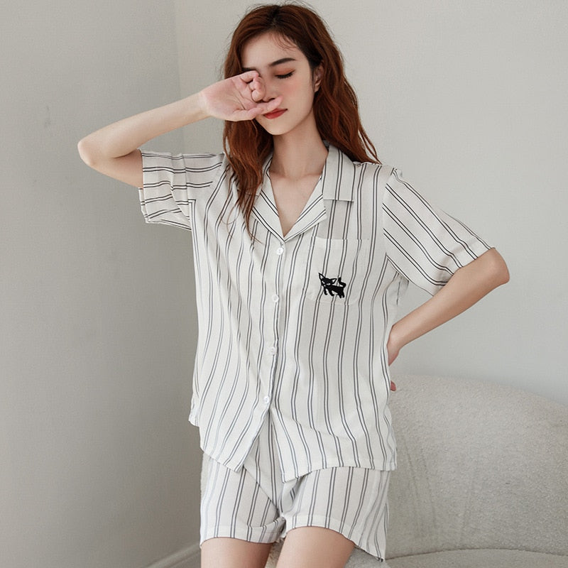 Women's Pajamas Set Luxury Fashion Stripes Sleepwear Couple Nightwear Silk Like Female Male Home Clothes Suit for Men