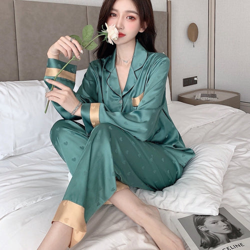 Load image into Gallery viewer, Women&#39;s Pajamas Set Fashion Sweet Heart Print Sleepwear Silk Like Nightie Leisure Home Clothes Nightwear Pyjamas Femme
