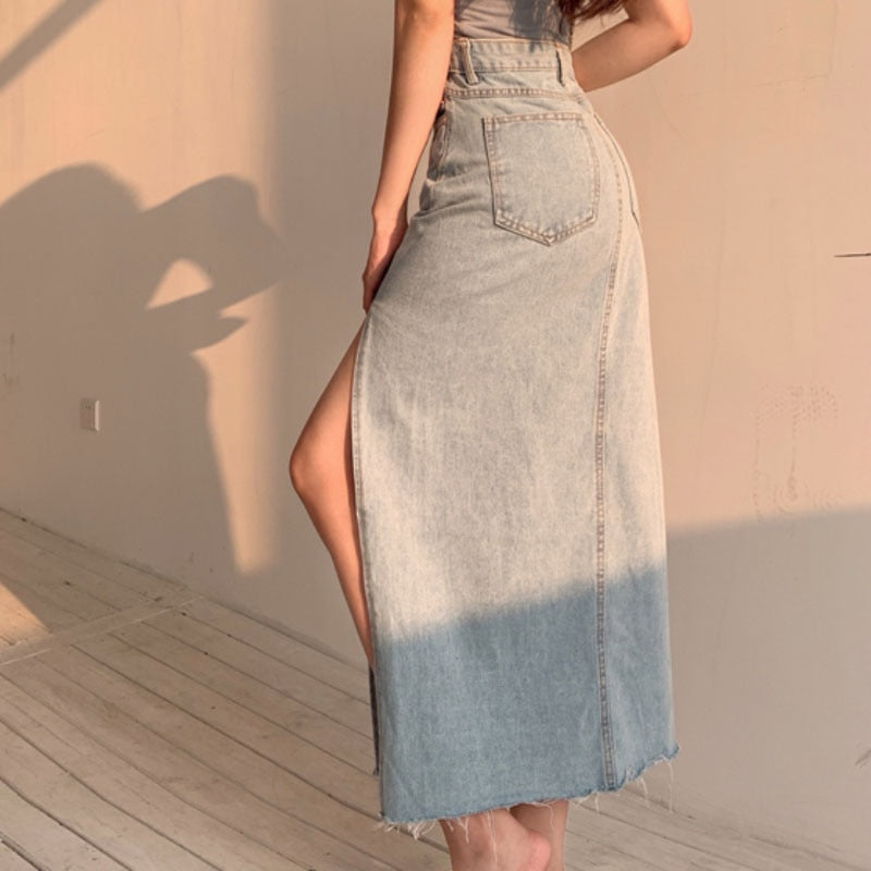 Slit Women Denim Skirt High Waist Summer Tassel Loose A Line Jeans Long Skirt Causal Korean Black Fashion Cotton Skirts
