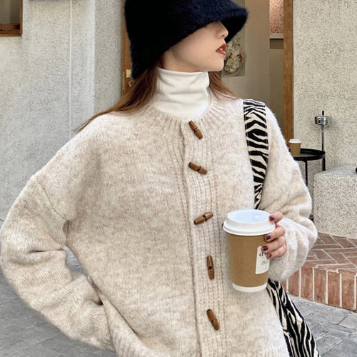 Load image into Gallery viewer, Vintage Women Cardigans Sweater Horn Button Winter Long Sleeve Casual O Neck Loose Knit Short Jacket Solid Thick Cardigans
