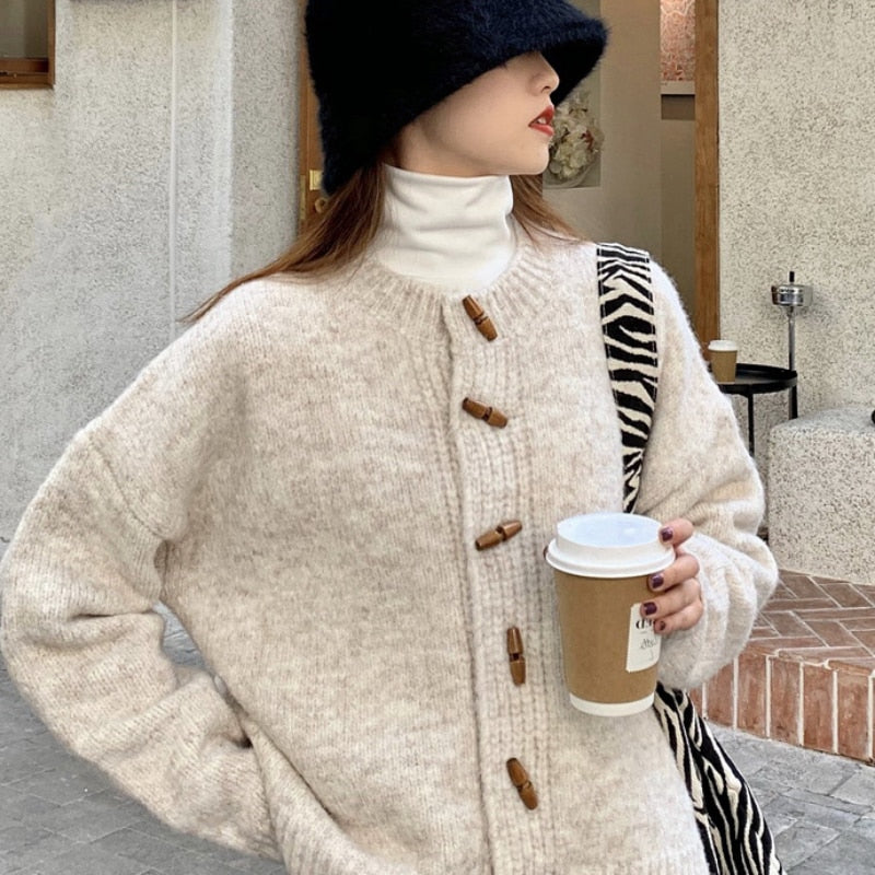 Vintage Women Cardigans Sweater Horn Button Winter Long Sleeve Casual O Neck Loose Knit Short Jacket Solid Thick Cardigans