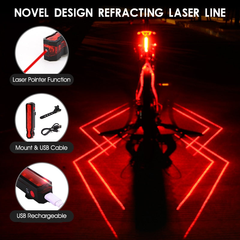 Laser Line Bike Rear Light USB Rechargeable Waterproof MTB Road Bicycle Safety Warning Lamp Seatpost LED Flashlight