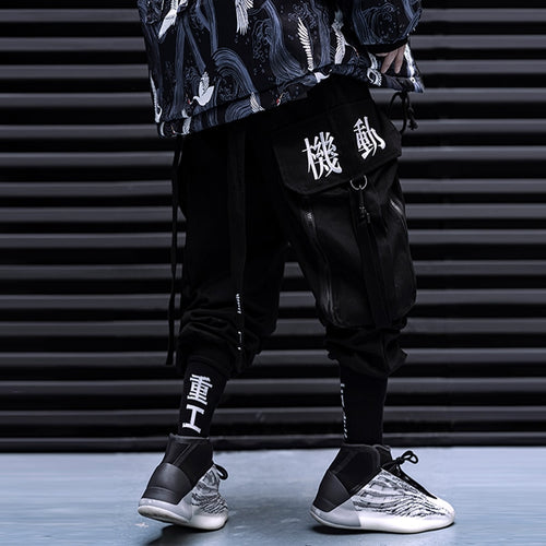 Load image into Gallery viewer, Hip Hop Cargo Pants Men Embroidery Joggers Trousers Elastic Waist Rock Ribbon Streetwear Pant Male Black WX004
