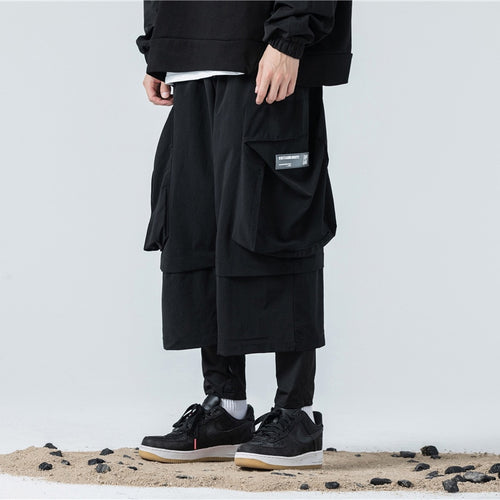 Load image into Gallery viewer, Fake two Pieces Baggy Pants Joggers Men Loose Trousers Autumn Hip Hop Streetwear Cargo Pant Black WB288

