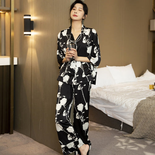 Load image into Gallery viewer, Women&#39;s Pajamas Set Loose Type V Neck Sleepwear Floral Print Silk Like Leisure Home Clothes Nightwear Pyjamas Femme
