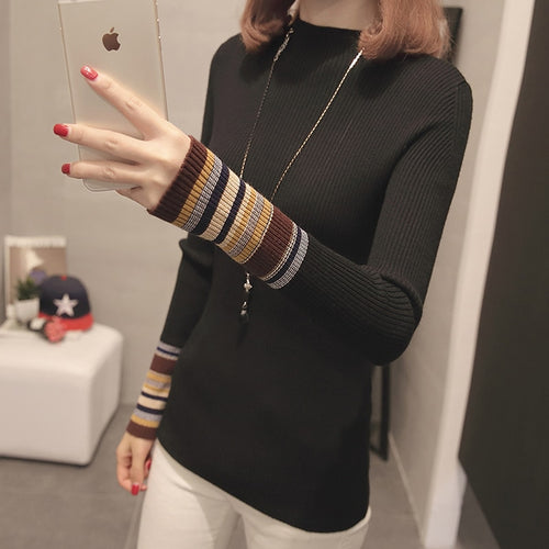 Load image into Gallery viewer, Striped Women Pullover Sweater Fashion Knitted Autumn Female Jumper Casual Korean Half Turtlenck Slim Ladies Base Blouse
