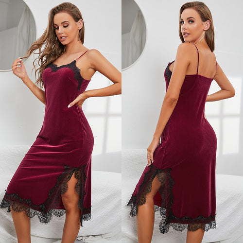 Load image into Gallery viewer, Women&#39;s Pajamas Sling Dress Velvet Nightgown Sexy Lace Homewear Bottoming Skirt Nightgown Elegant Sleepdress Femme
