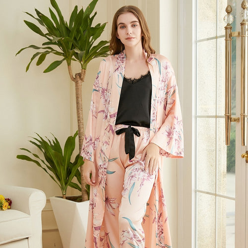 Load image into Gallery viewer, High Quality Women&#39;s Pajamas Long Robe Set Floral Paint Homewear Silk Like Bathrobe Casual Nightwear 3 Pcs Pyjamas New
