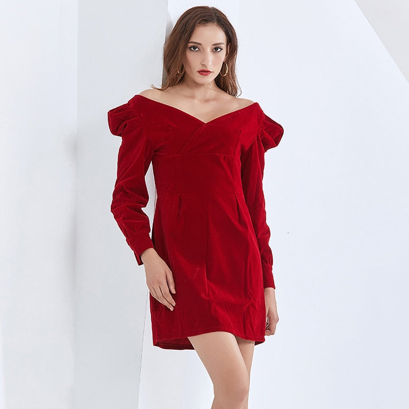 Mini Dress For Women V Neck Puff Long Sleeve High Waist Tunic Plus Size Sexy Dresses Female Clothes