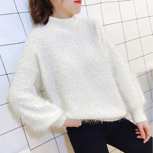 Load image into Gallery viewer, Elegant Tassel Women Sweater Winter Thick Faux Fur Knitted Pullover Jumper Half Turtleneck Loose Long Sleeve Female Top
