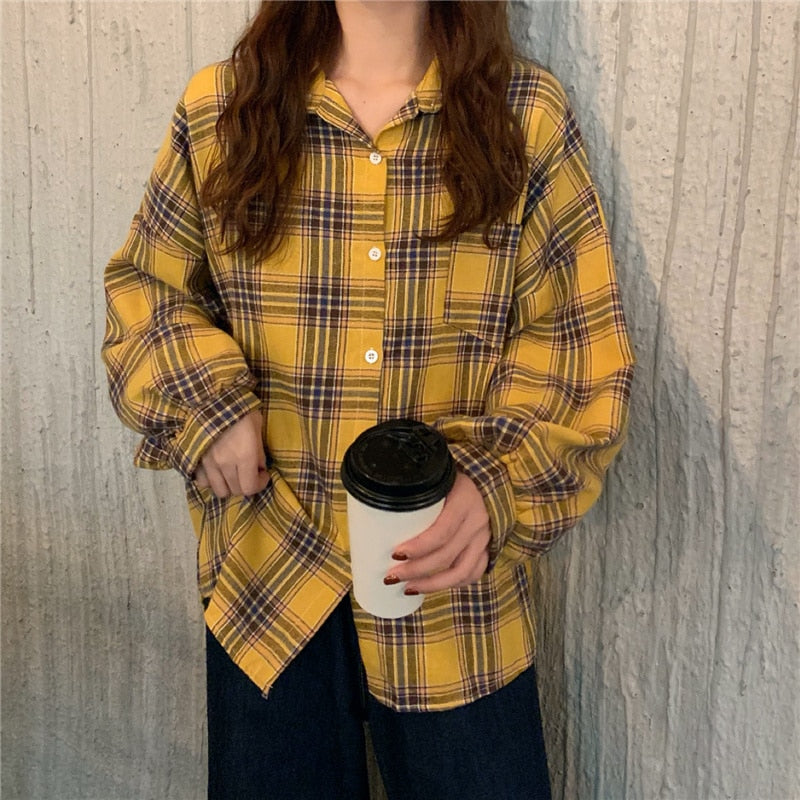 Plaid Women Shirt Loose Spring Long Sleeve Harajuku Korean Loose Ladies Blouse Casual Turn Down Collar Cotton Vintage Tops