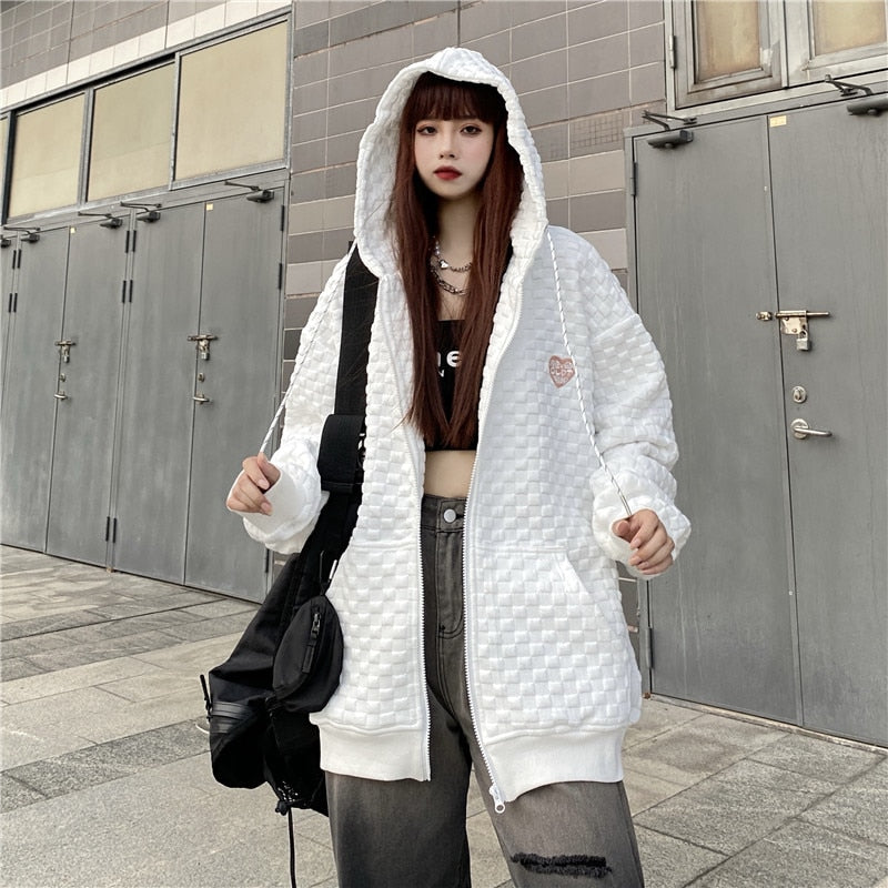 Loose Women Hoodies Autumn New  Pockets White Oversize Coats Harajuku Fashion Zipper Fall Streetwear Sweatshirt Tops