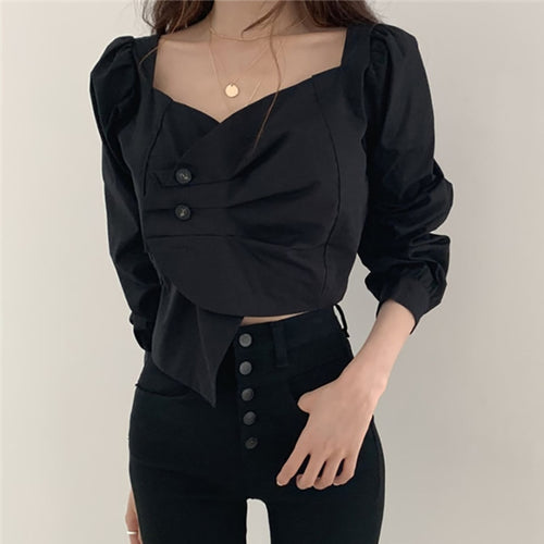 Load image into Gallery viewer, Designed Women Blouse Spring Fashion Button Irregular England Style Long Sleeve Square Collar Office Ladies Temperament Top
