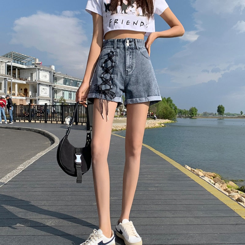 Summer High Waist Women Denim Shorts Fashion Lace Patchwork Loose Jeans Causal A Line Korean Girls Wide Leg Shorts