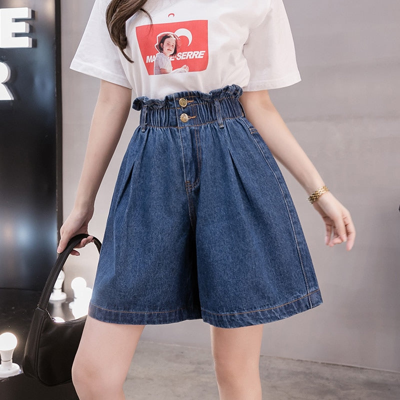 Large Size Women Denim Shorts Elastic High Waist Loose Korean Short Jeans Fashion Casual Button Blue Wide Leg Shorts 5XL