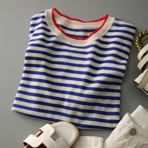 Load image into Gallery viewer, Loose Knit Women T Shirt Summer Striped Casual O Neck Short Sleeve Tees Korean Fashion Simple Ladies Tops Tshirt Blue
