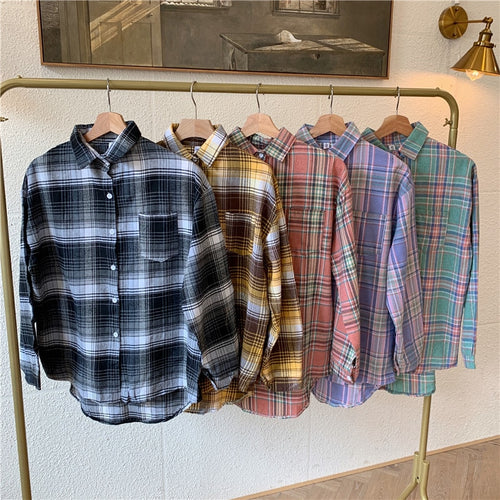 Load image into Gallery viewer, Plaid Women Shirt Casual Turn Down Collar Long Sleeve Fall Button Up Shirts Korean Loose Pocket Fashion Female Tops
