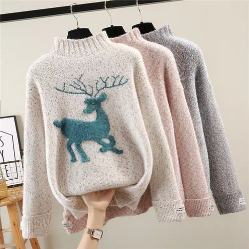 Load image into Gallery viewer, Winter Christmas Women Sweater Half Turtleneck Sweater Cartoon Pullover Knit Coat Casual Letter Long Sleeve Ladies Jumper
