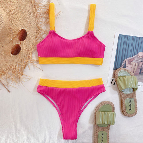 Load image into Gallery viewer, Splicing Ribbed High Waist Bikini Female Swimsuit Women Swimwear Two-pieces Bikini set Bather Bathing Suit Swim V2329B
