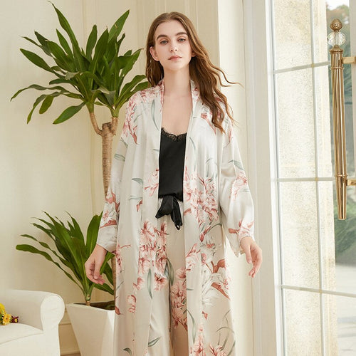 Load image into Gallery viewer, High Quality Women&#39;s Pajamas Long Robe Set Floral Paint Homewear Silk Like Bathrobe Casual Nightwear 3 Pcs Pyjamas New
