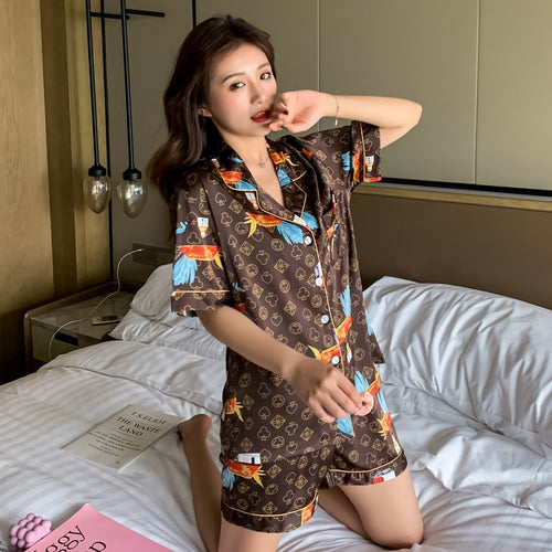 Load image into Gallery viewer, Women&#39;s Pajamas Set Luxury Style Fashion Poker Pattern Short Sleeve Couple Sleepwear Silk Like Leisure Home Clothes Nightwear
