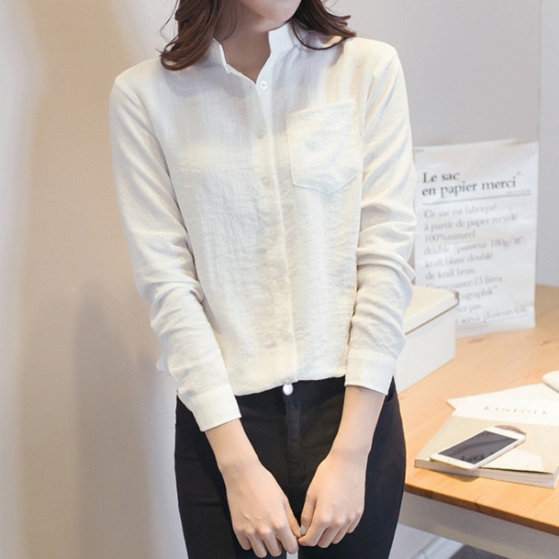 Autumn Women White Shirt Long Sleeve Fashion Stand Collar Cotton Linen Loose Female Blouse Casual Korean Solid Sweet Tops